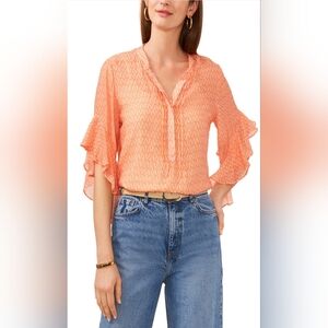 Vince Camuto Women's XXS Printed Pintuck Flutter 3/4 Sleeve Henley Blouse NEW